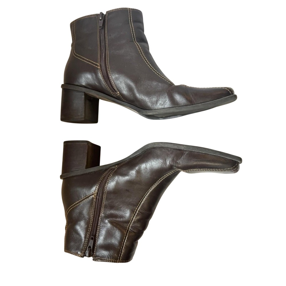 VTG Y2K Square Toe Leather Booties 8 Dark Brown Academia Lagenlook Low Heel